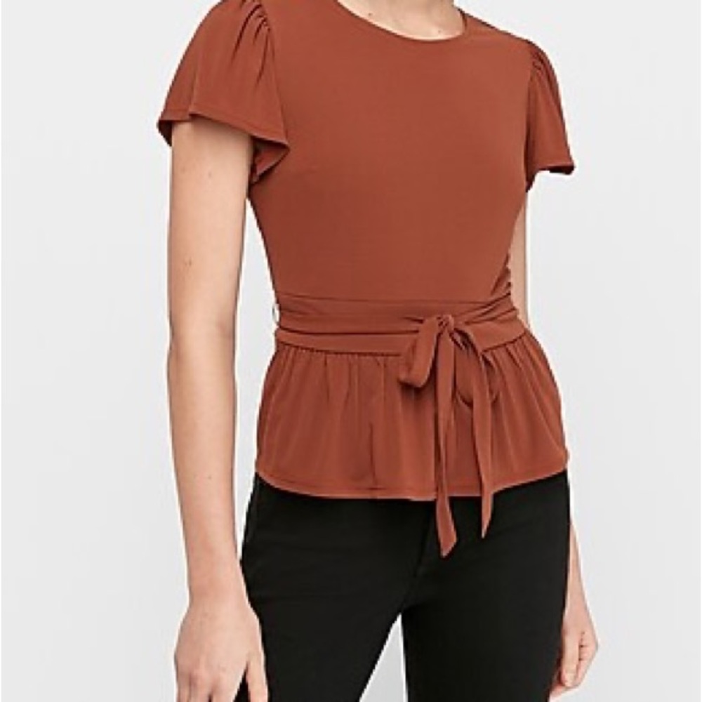 Express Tie Waist Flutter Sleeve Peplum Top